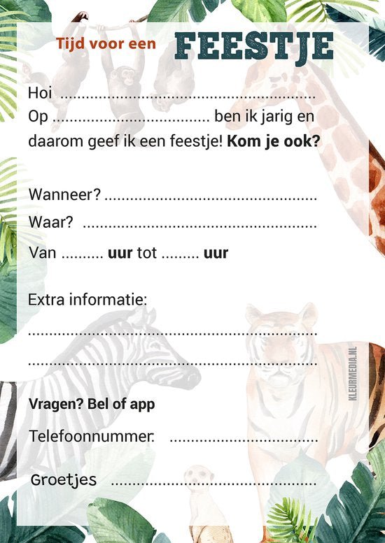 Uitnodiging Kinderfeestje Dieren - 10 stuks - Koning Spandoek Uitnodiging Kinderfeestje Dieren - 10 stuks
