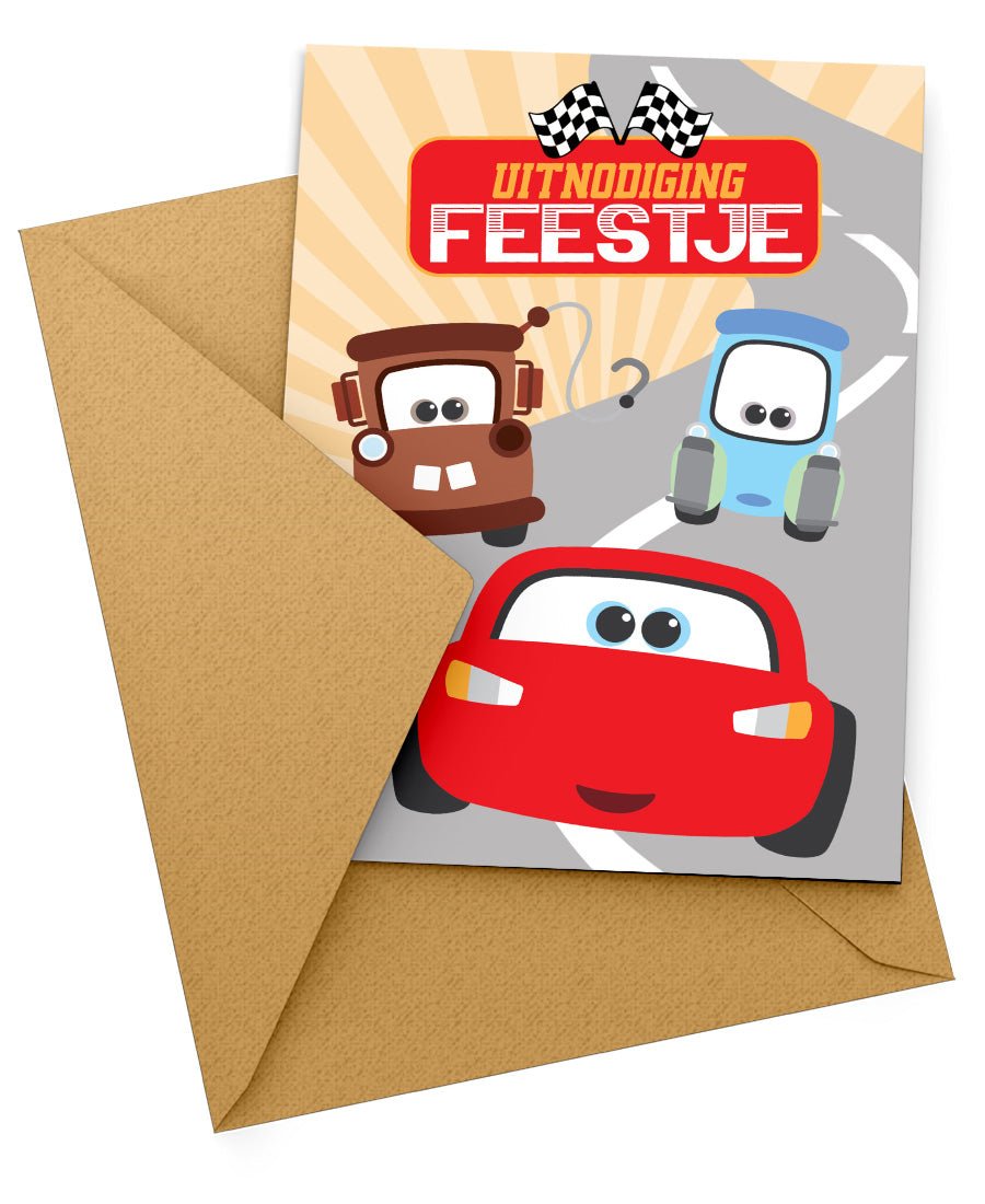 Uitnodiging Kinderfeestje Vrolijke Cars - 10 stuks - Koning Spandoek Uitnodiging Kinderfeestje Vrolijke Cars - 10 stuks