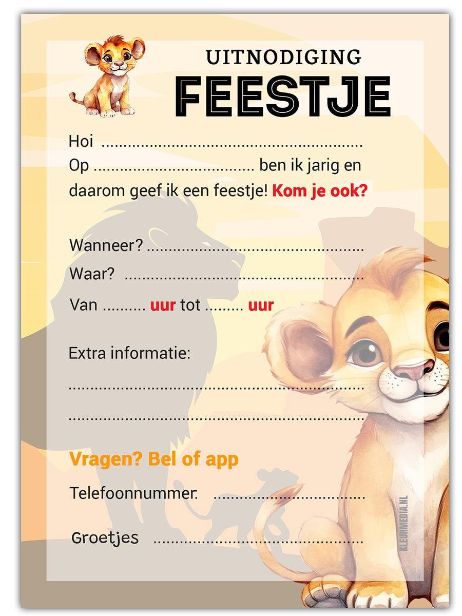 Uitnodiging Kinderfeestje Leeuwtje Lion King - 10 stuks - Koning Spandoek Uitnodiging Kinderfeestje Leeuwtje Lion King - 10 stuks