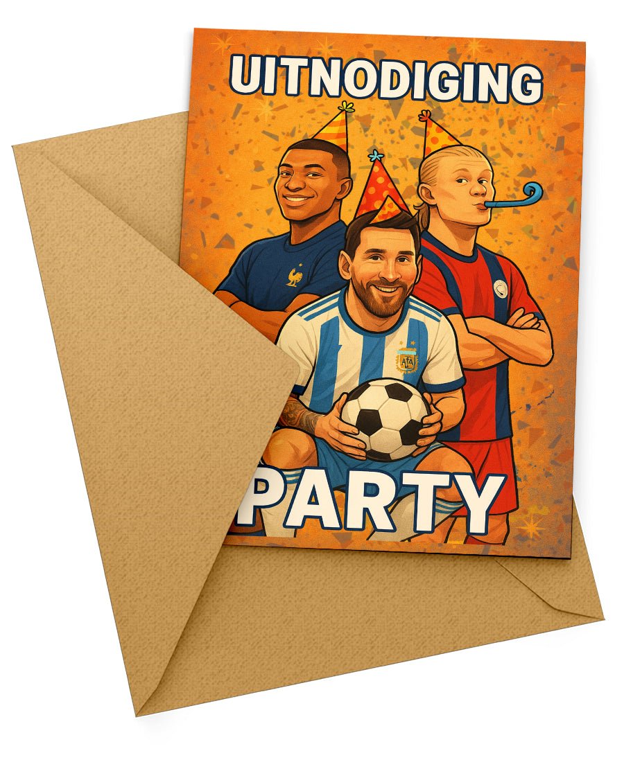 Uitnodiging Kinderfeestje Voetbal - Messi, Haaland & Mbappé - 10 stuks - Koning Spandoek Uitnodiging Kinderfeestje Voetbal - Messi, Haaland & Mbappé - 10 stuks