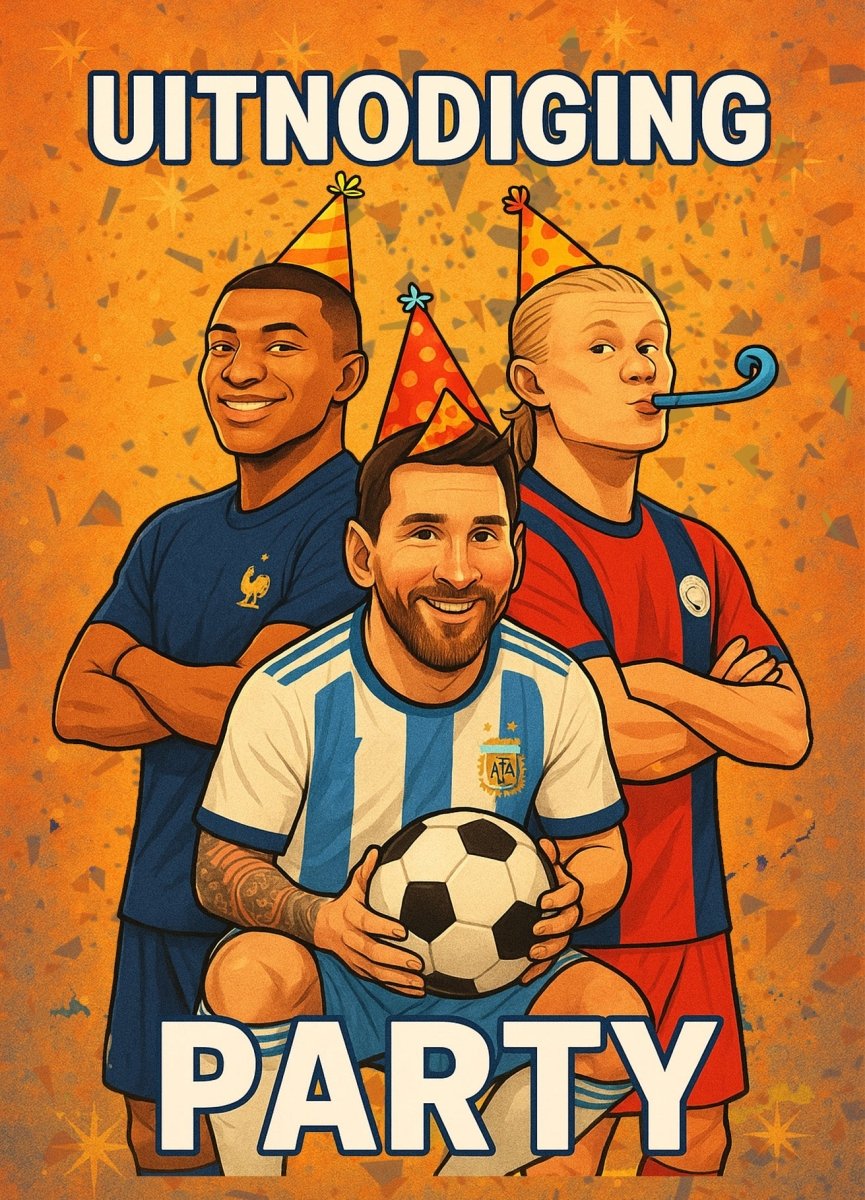 Uitnodiging Kinderfeestje Voetbal - Messi, Haaland & Mbappé - 10 stuks - Koning Spandoek Uitnodiging Kinderfeestje Voetbal - Messi, Haaland & Mbappé - 10 stuks