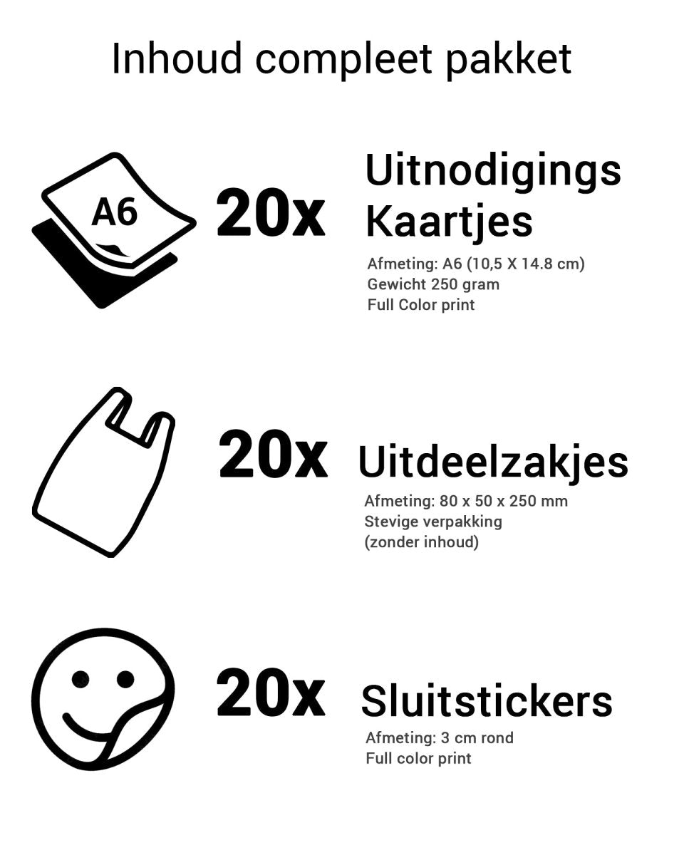 Complete kinderfeestje set - Uitnodigingskaarten + snoepzakjes + sluitstickers - Dieren - Koning Spandoek Complete kinderfeestje set - Uitnodigingskaarten + snoepzakjes + sluitstickers - Dieren