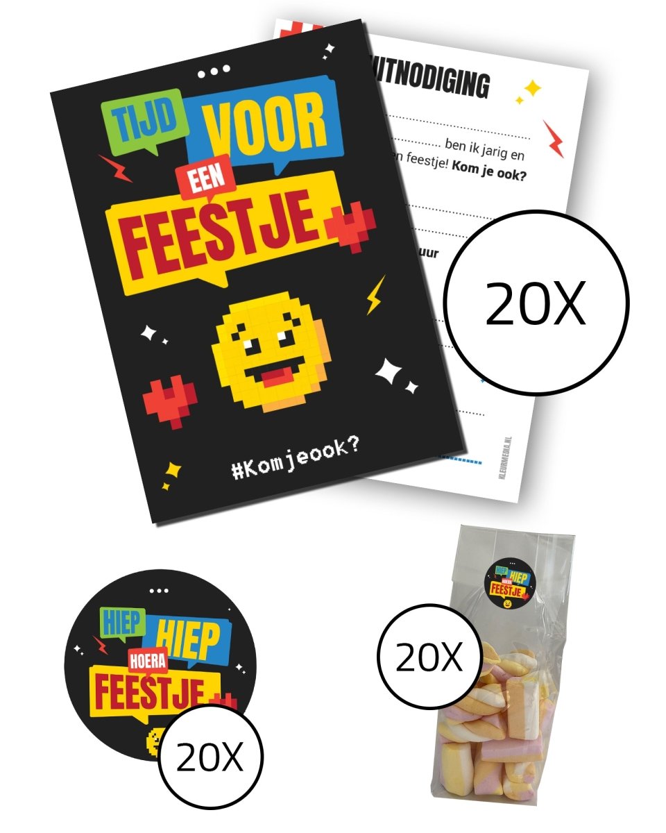 Complete kinderfeestje set - Uitnodigingskaarten + snoepzakjes + sluitstickers - Emoji - Koning Spandoek Complete kinderfeestje set - Uitnodigingskaarten + snoepzakjes + sluitstickers - Emoji