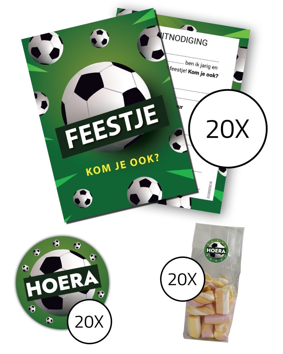 Complete kinderfeestje set - Uitnodigingskaarten + snoepzakjes + sluitstickers - Voetbal - Koning Spandoek Complete kinderfeestje set - Uitnodigingskaarten + snoepzakjes + sluitstickers - Voetbal