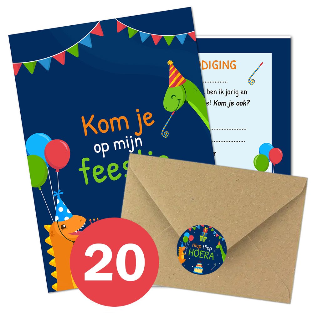 Uitnodiging kinderfeestje - 20 stuks - Dino - Koning Spandoek Uitnodiging kinderfeestje - 20 stuks - Dino