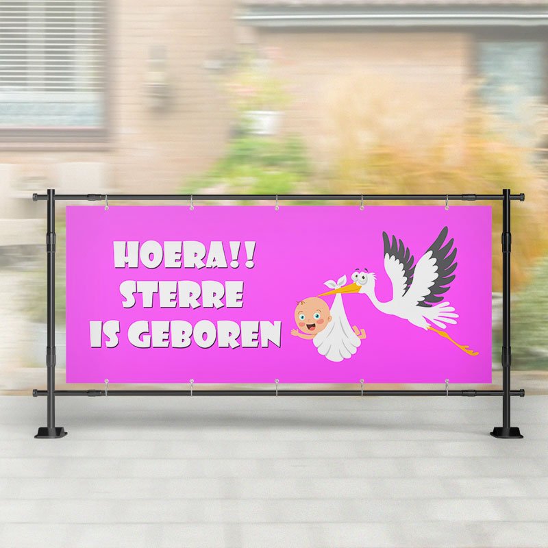 Geboorte spandoek | Vliegende Ooievaar met Baby Roze