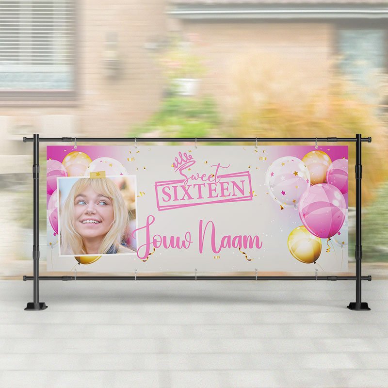 Spandoek Sweet Sixteen - Roze Wit Goud ballonnen - Spandoek 16 Jaar