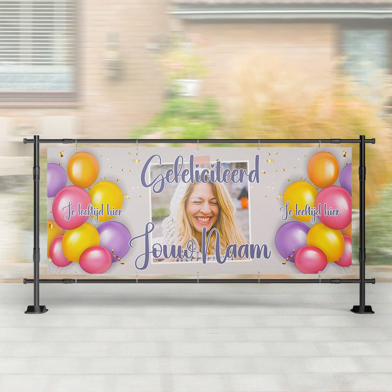 Spandoek Verjaardag- Spandoek ballonnen met naam - leeftijd - Vrolijk