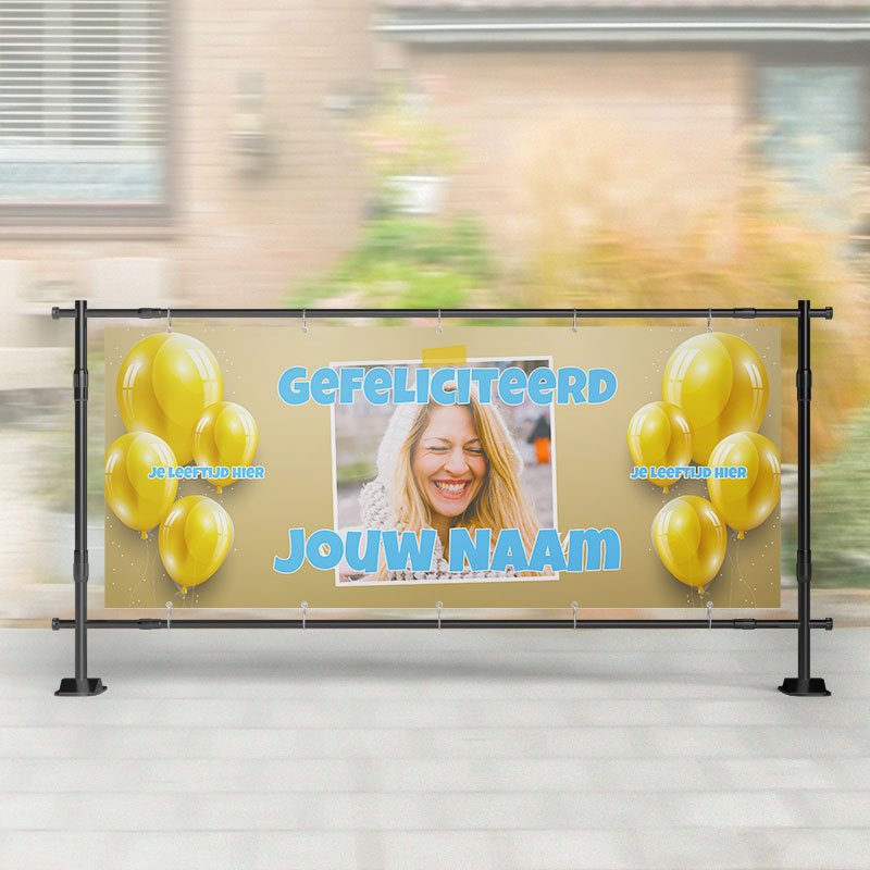 Spandoek Verjaardag- Spandoek ballonnen met naam - leeftijd - Yellow