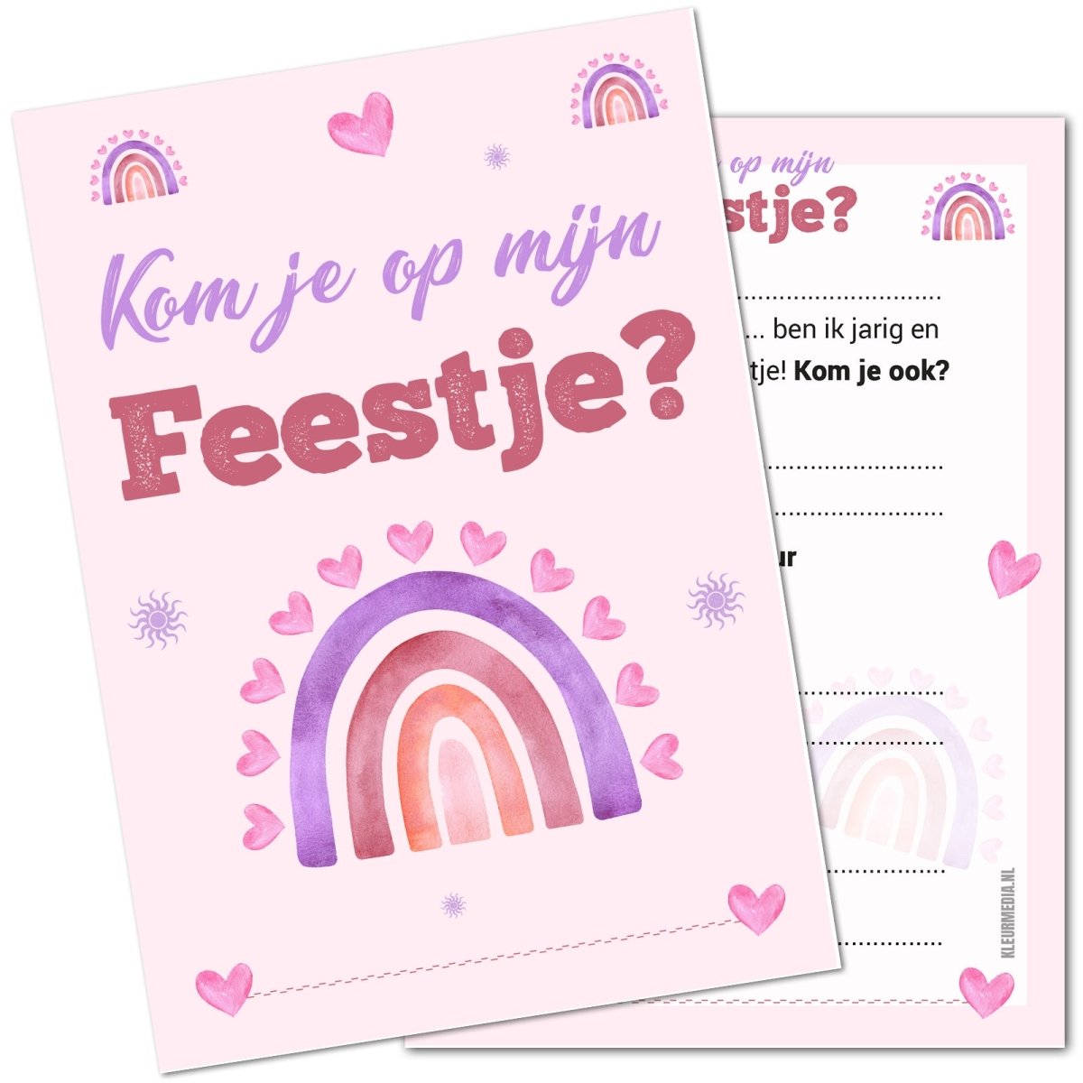 Uitnodiging kinderfeestje - 20 stuks - Regenboog roze - Koning Spandoek Uitnodiging kinderfeestje - 20 stuks - Regenboog roze