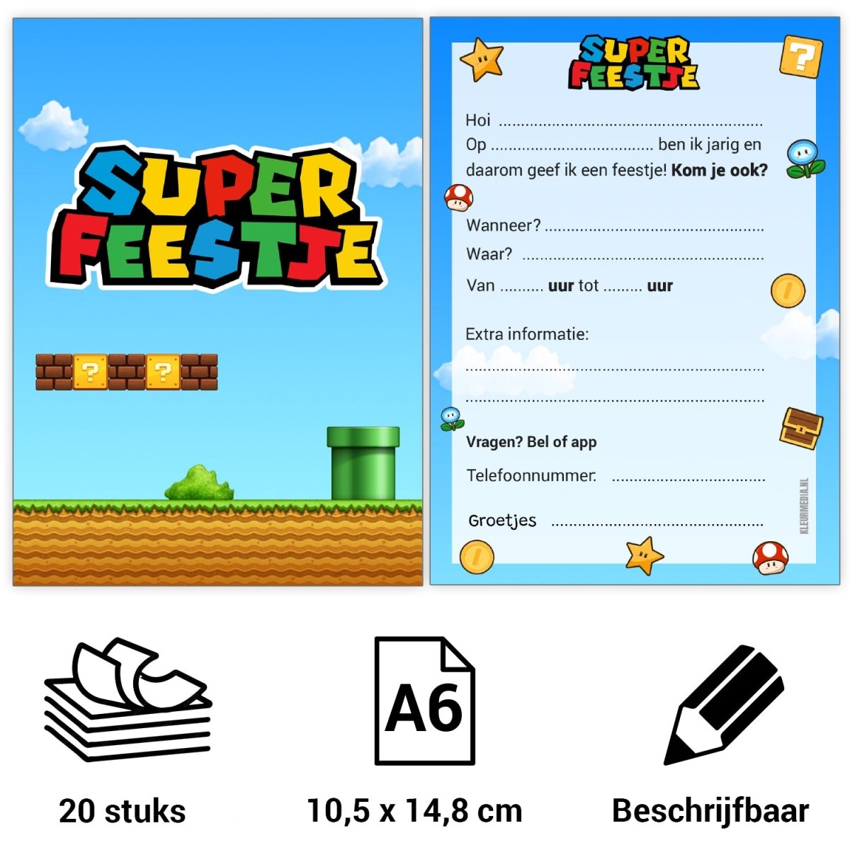 Uitnodiging kinderfeestje - 20 stuks - Super Feestje - Koning Spandoek Uitnodiging kinderfeestje - 20 stuks - Super Feestje