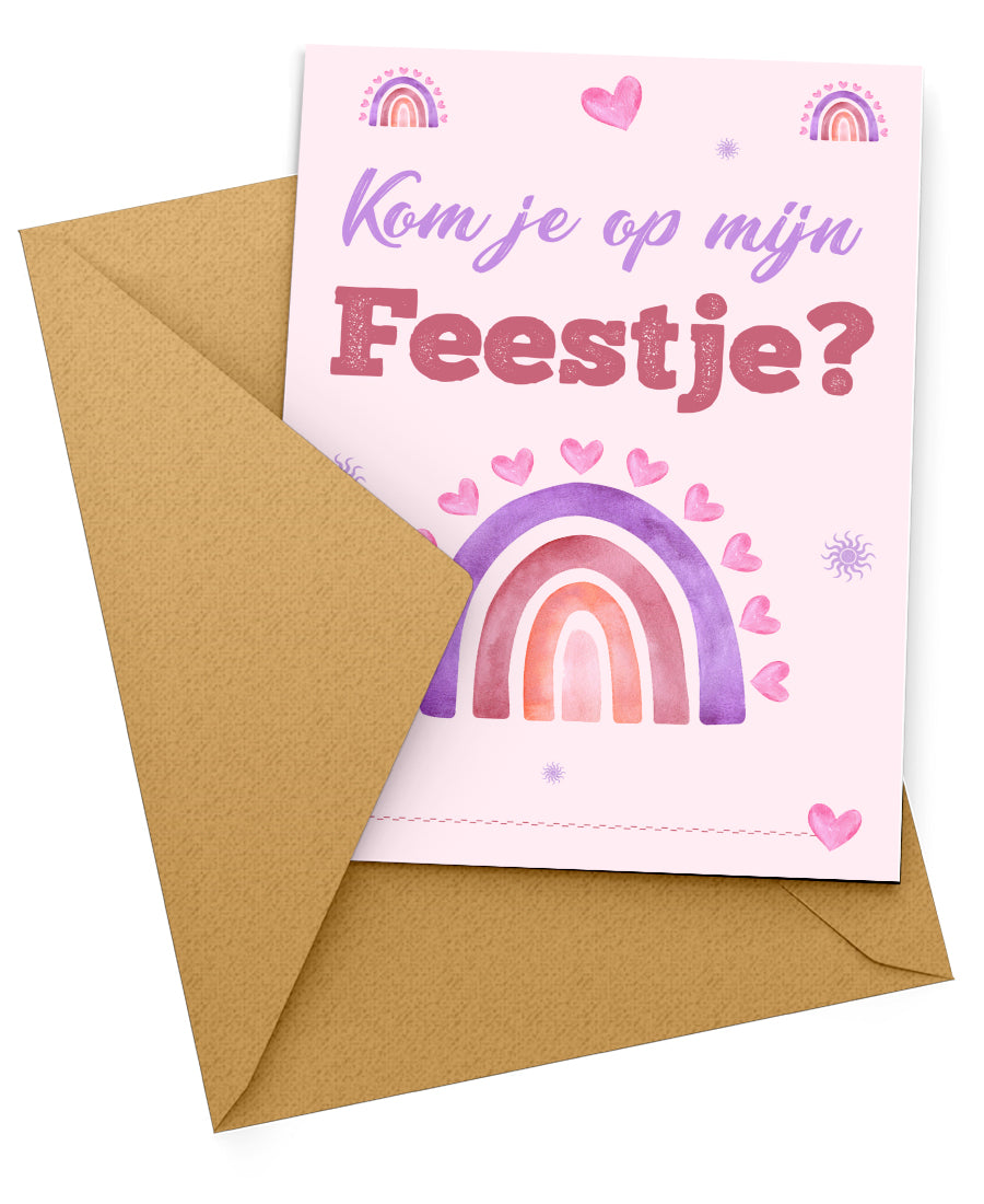 Uitnodiging Kinderfeestje Roze Regenboog – 10 stuks