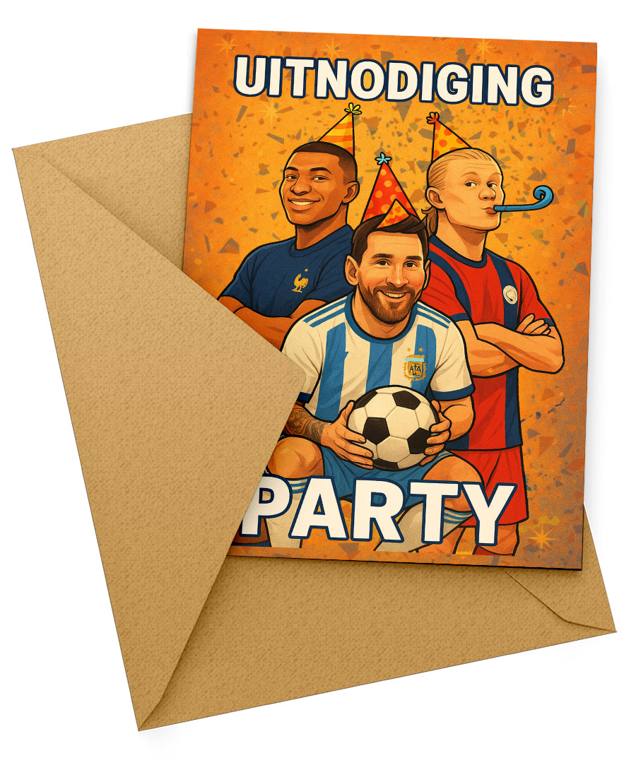 Uitnodiging Kinderfeestje Voetbal - Messi, Haaland & Mbappé  - 10 stuks