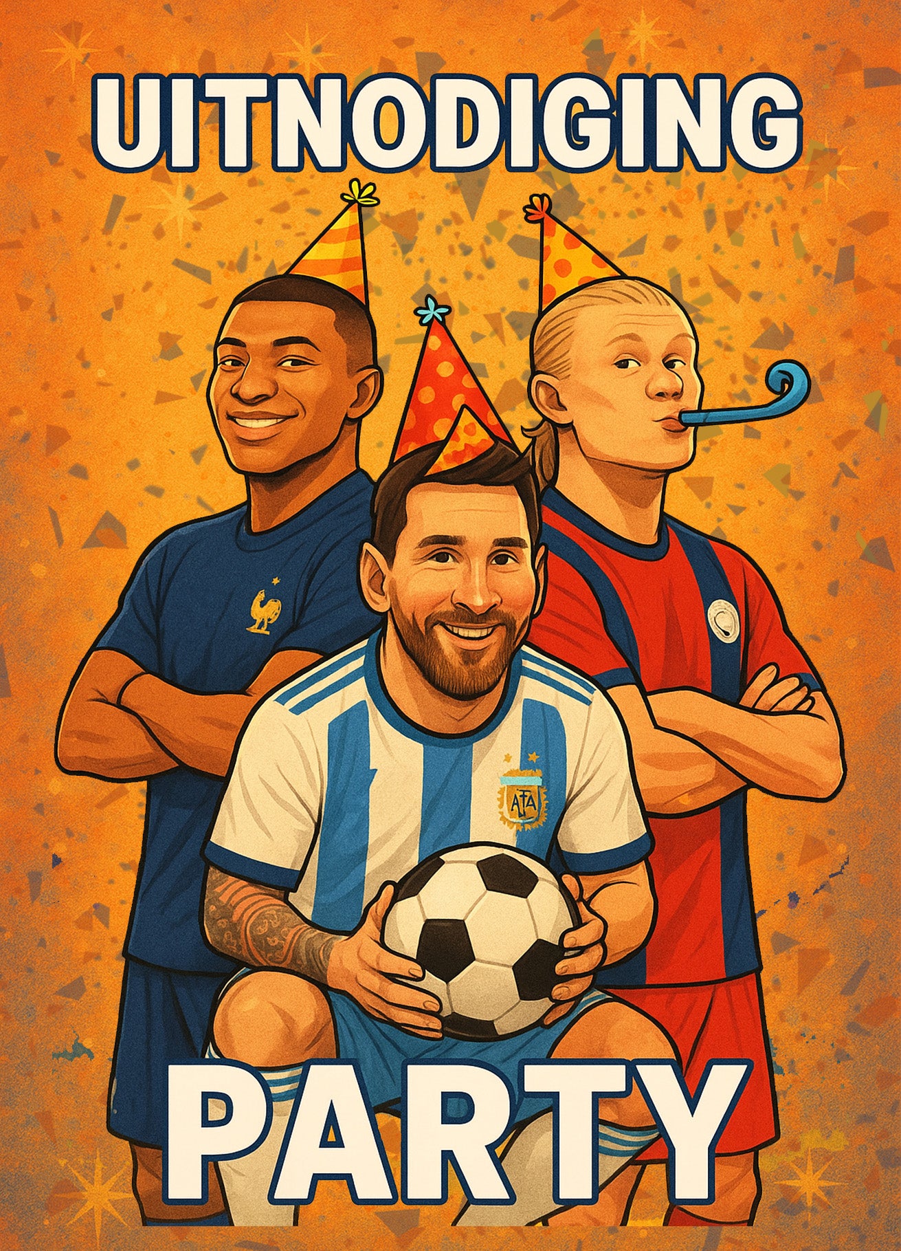 Uitnodiging Kinderfeestje Voetbal - Messi, Haaland & Mbappé  - 10 stuks