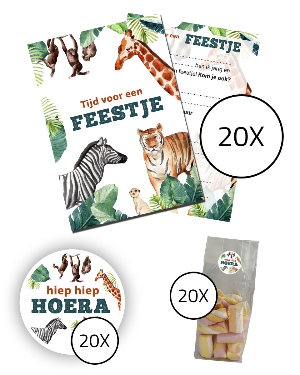 Complete kinderfeestje set - Uitnodigingskaarten + snoepzakjes + sluitstickers - Dieren - Koning Spandoek Complete kinderfeestje set - Uitnodigingskaarten + snoepzakjes + sluitstickers - Dieren