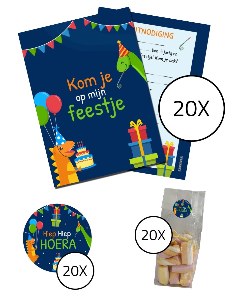 Complete kinderfeestje set - Uitnodigingskaarten + snoepzakjes + sluitstickers - Dino - Koning Spandoek Complete kinderfeestje set - Uitnodigingskaarten + snoepzakjes + sluitstickers - Dino