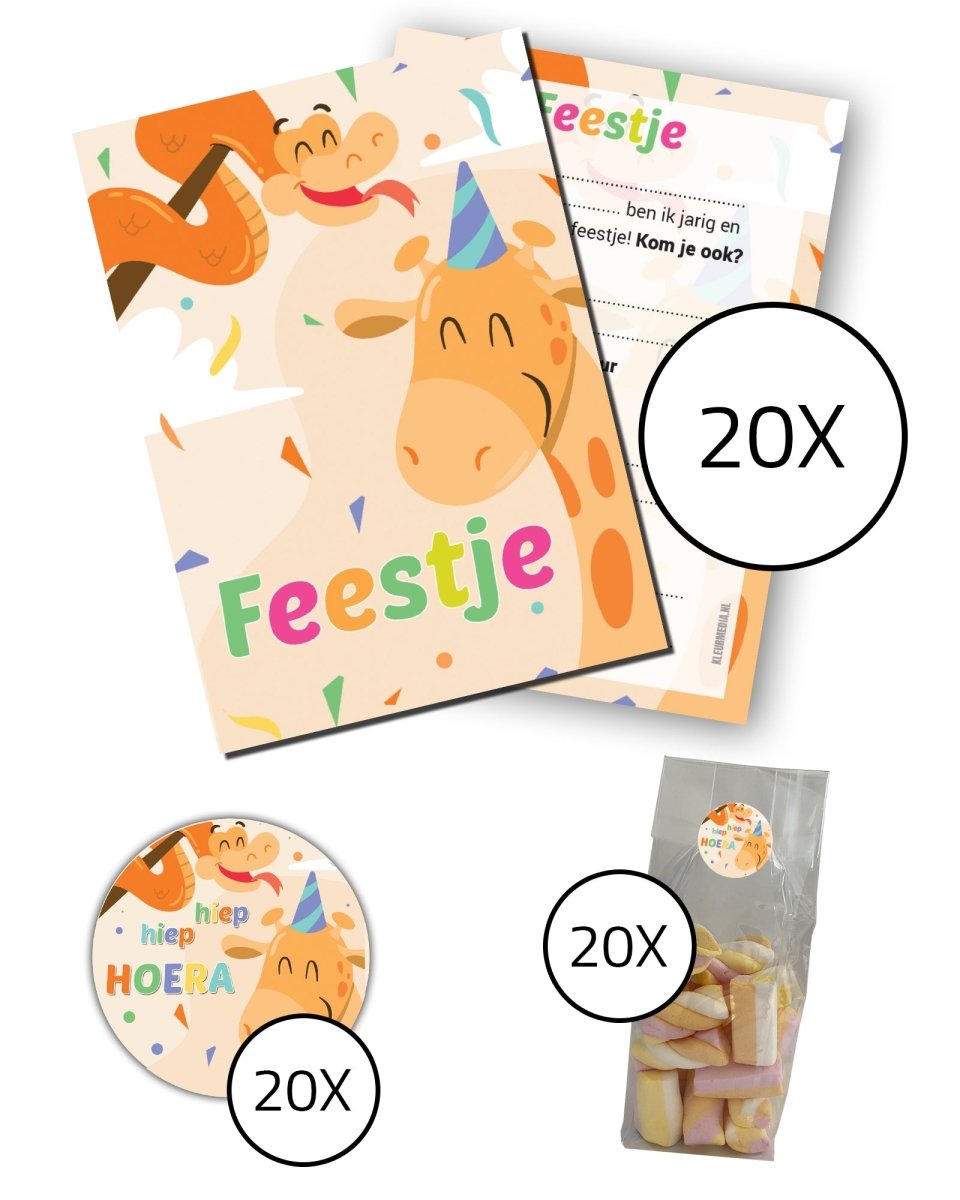 Complete kinderfeestje set - Uitnodigingskaarten + snoepzakjes + sluitstickers - Giraf en Slang - Koning Spandoek Complete kinderfeestje set - Uitnodigingskaarten + snoepzakjes + sluitstickers - Giraf en Slang