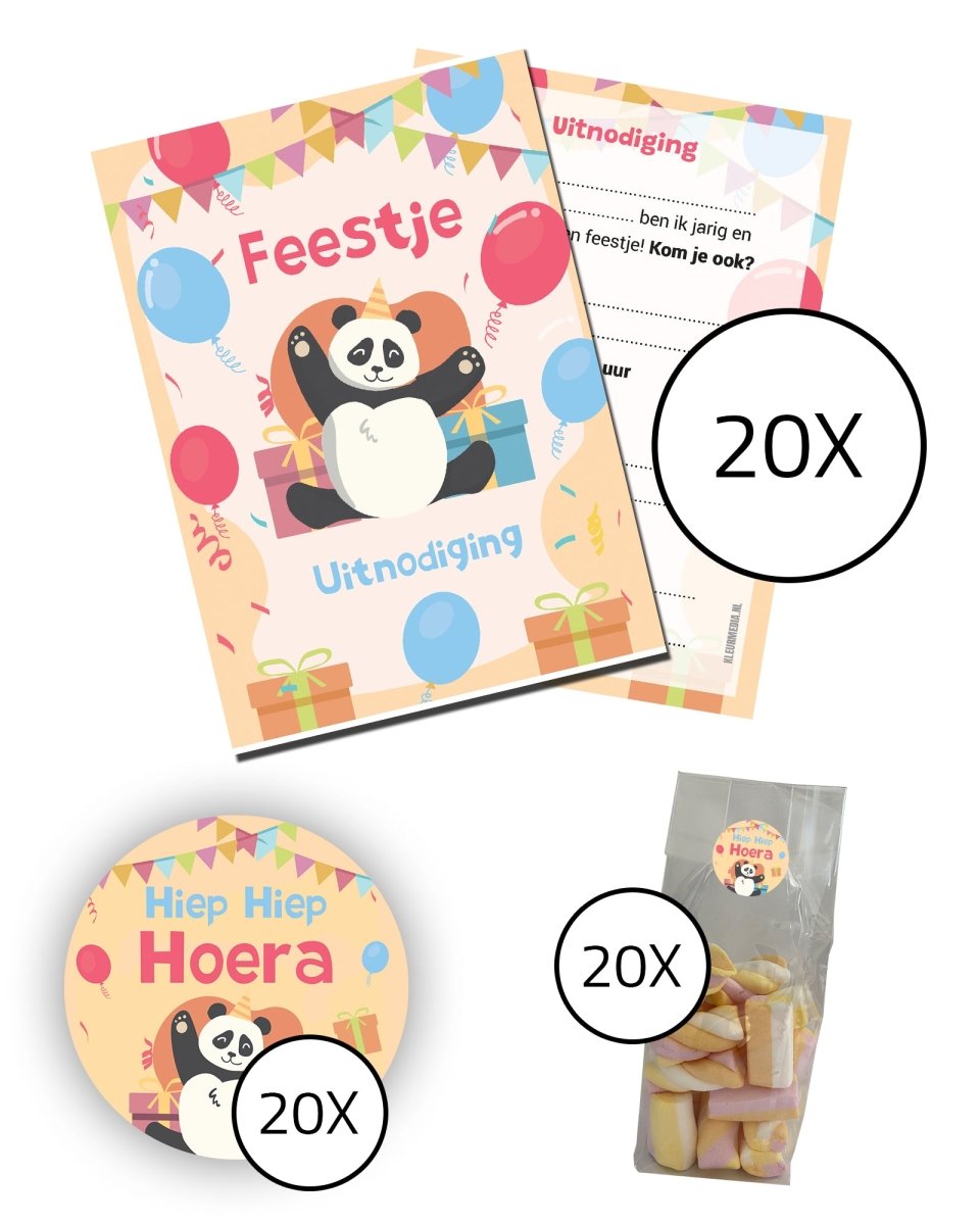 Complete kinderfeestje set - Uitnodigingskaarten + snoepzakjes + sluitstickers - Panda - Koning Spandoek Complete kinderfeestje set - Uitnodigingskaarten + snoepzakjes + sluitstickers - Panda