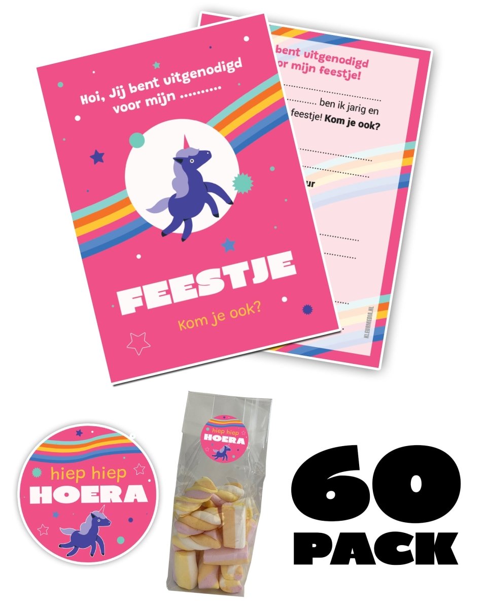 Complete kinderfeestje set - Uitnodigingskaarten + snoepzakjes + sluitstickers - Roze pony - Koning Spandoek Complete kinderfeestje set - Uitnodigingskaarten + snoepzakjes + sluitstickers - Roze pony