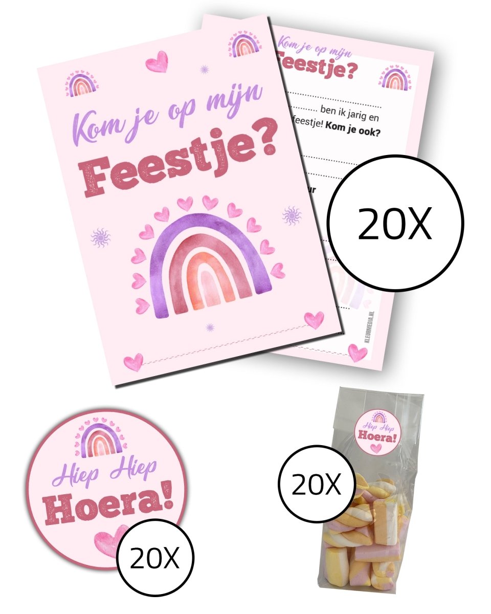 Complete kinderfeestje set - Uitnodigingskaarten + snoepzakjes + sluitstickers - Roze regenboog - Koning Spandoek Complete kinderfeestje set - Uitnodigingskaarten + snoepzakjes + sluitstickers - Roze regenboog