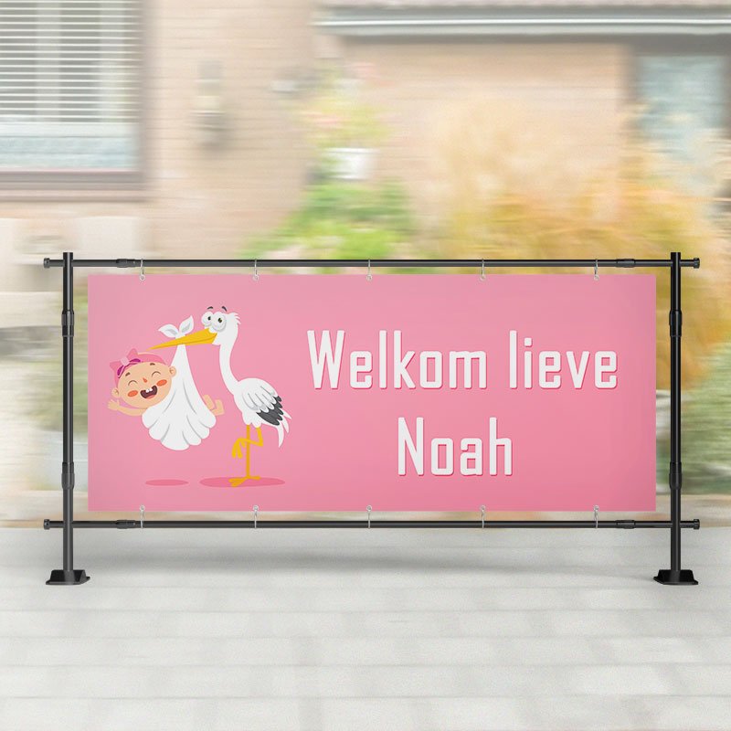 Geboorte spandoek | Ooievaar staat met Baby Roze