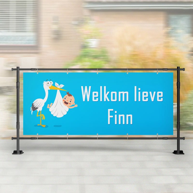 Geboorte spandoek | Vliegende Ooievaar staat met Baby Blauw