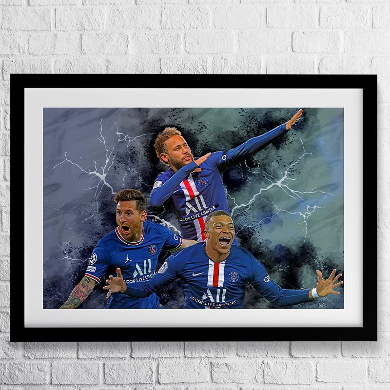 Poster PSG Messi , Neymar en Mbappé - Koning Spandoek Poster PSG Messi , Neymar en Mbappé