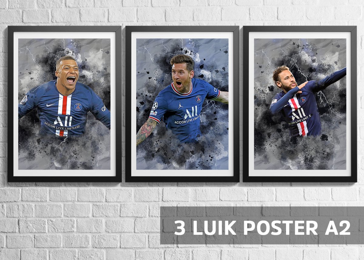 Poster PSG voordeelset 3 stuks - Posters van Messi, Neymar en Mbappé - Koning Spandoek Poster PSG voordeelset 3 stuks - Posters van Messi, Neymar en Mbappé