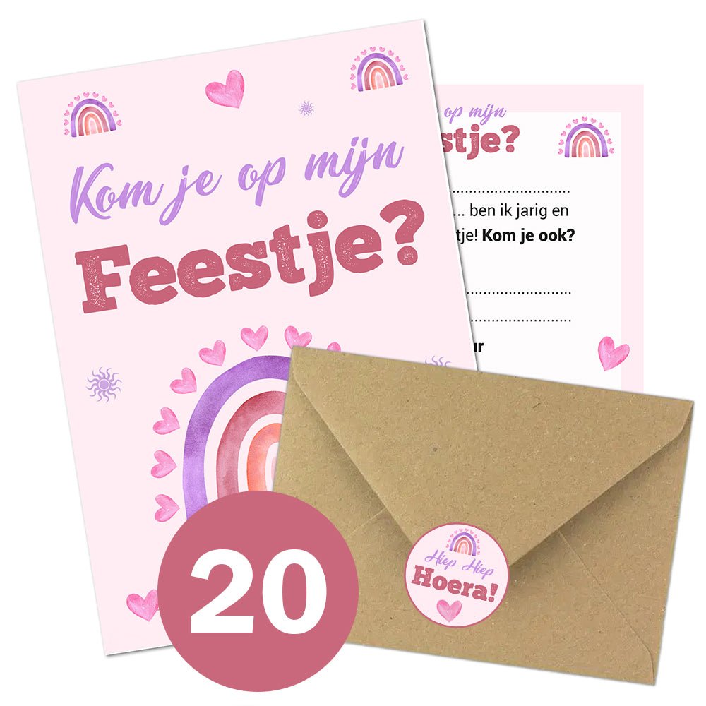 Uitnodiging kinderfeestje - 20 stuks - Regenboog roze - Koning Spandoek Uitnodiging kinderfeestje - 20 stuks - Regenboog roze