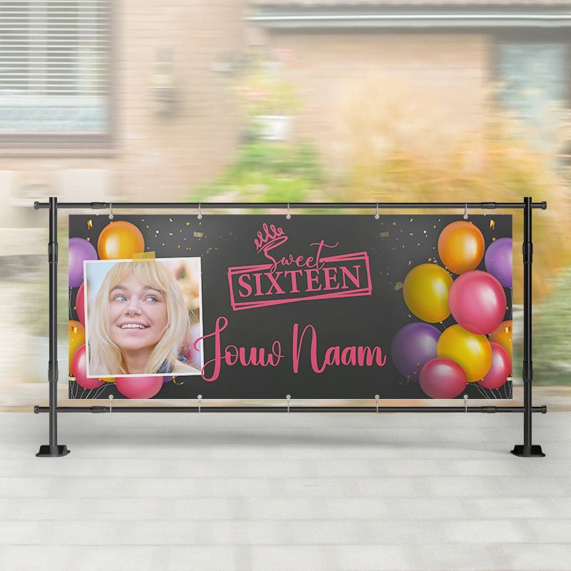 Spandoek Sweet Sixteen - Gekleurde ballonnen - Spandoek 16 Jaar