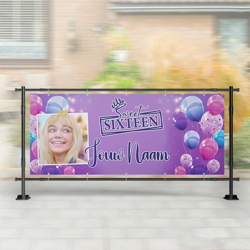 Spandoek Sweet Sixteen - Paars Roze Blauw - Spandoek 16 Jaar