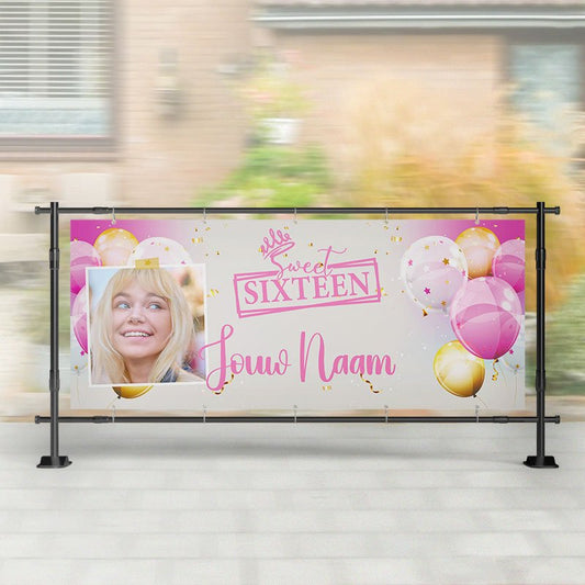 Spandoek Sweet Sixteen - Roze Wit Goud ballonnen - Spandoek 16 Jaar