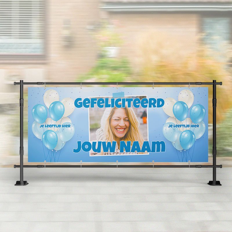 Spandoek Verjaardag- Spandoek ballonnen met naam - leeftijd - Blauw