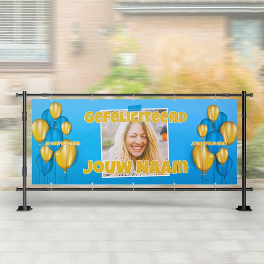 Spandoek Verjaardag- Spandoek ballonnen met naam - leeftijd - blauw geel