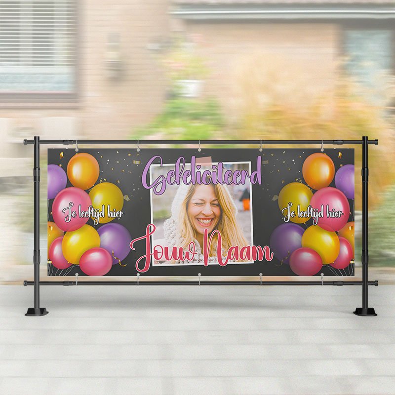 Spandoek Verjaardag- Spandoek ballonnen met naam - leeftijd - gekleurd