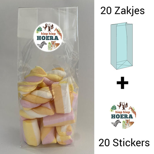 Uitdeelzakjes + sluitstickers - 40 pack (20 stickers & 20 zakjes) - snoepzakjes - Dieren - Koning Spandoek Uitdeelzakjes + sluitstickers - 40 pack (20 stickers & 20 zakjes) - snoepzakjes - Dieren