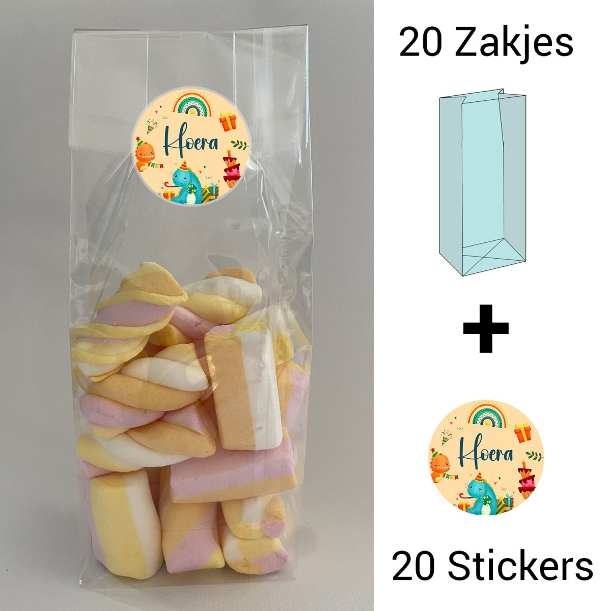 Uitdeelzakjes + sluitstickers - 40 pack (20 stickers & 20 zakjes) - snoepzakjes - Dino - Koning Spandoek Uitdeelzakjes + sluitstickers - 40 pack (20 stickers & 20 zakjes) - snoepzakjes - Dino