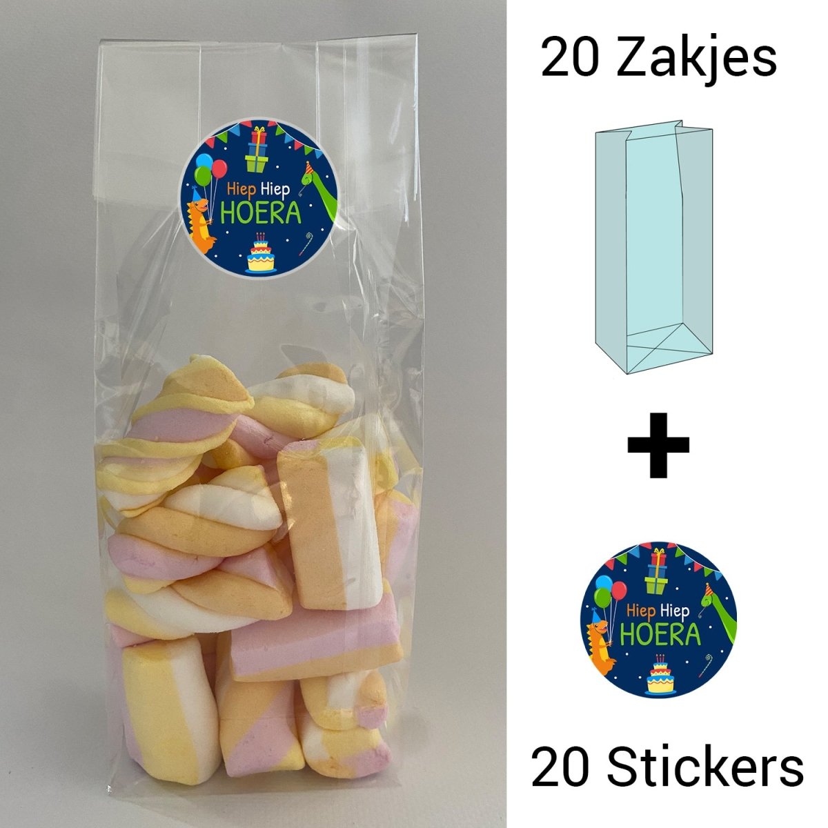 Uitdeelzakjes + sluitstickers - 40 pack (20 stickers & 20 zakjes) - snoepzakjes - Dino - Koning Spandoek Uitdeelzakjes + sluitstickers - 40 pack (20 stickers & 20 zakjes) - snoepzakjes - Dino