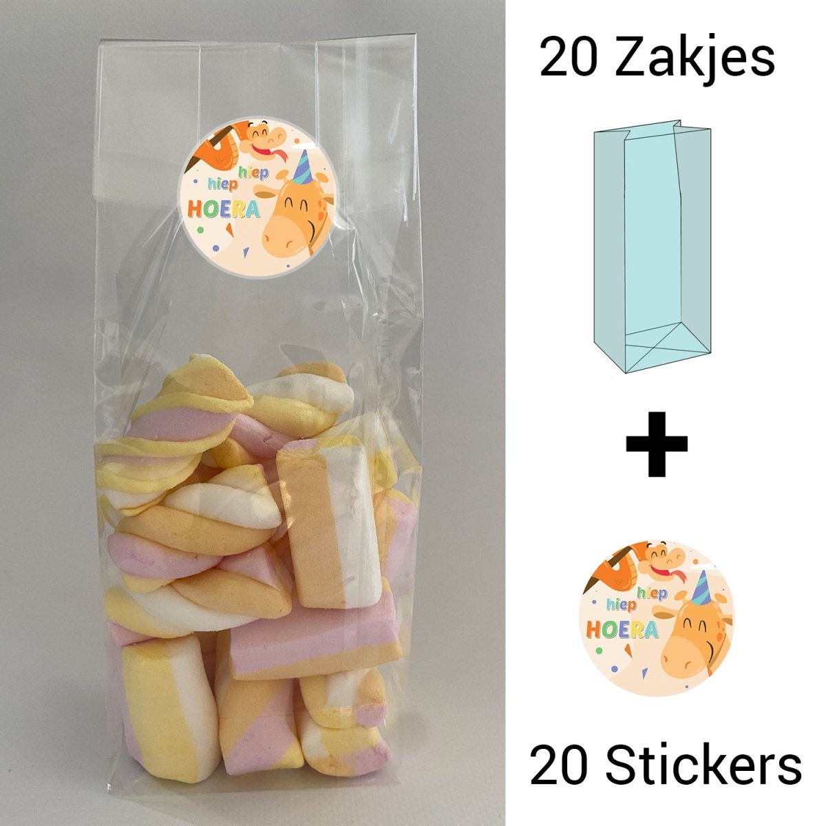 Uitdeelzakjes + sluitstickers - 40 pack (20 stickers & 20 zakjes) - snoepzakjes - Giraf en Slang - Koning Spandoek Uitdeelzakjes + sluitstickers - 40 pack (20 stickers & 20 zakjes) - snoepzakjes - Giraf en Slang