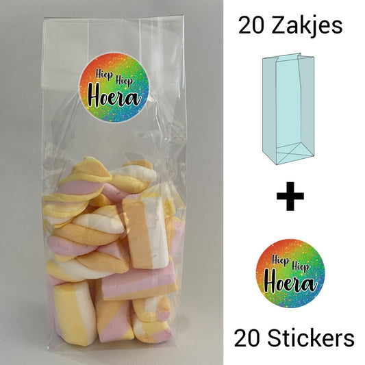 Uitdeelzakjes + sluitstickers - 40 pack (20 stickers & 20 zakjes) - snoepzakjes - Glitter - Koning Spandoek Uitdeelzakjes + sluitstickers - 40 pack (20 stickers & 20 zakjes) - snoepzakjes - Glitter