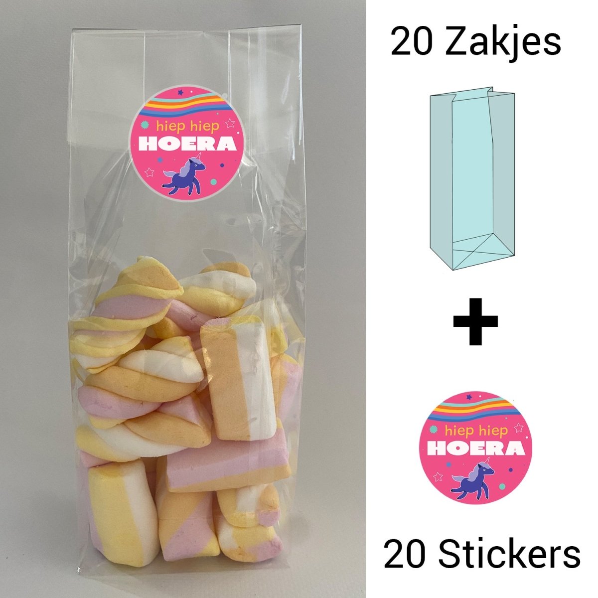 Uitdeelzakjes + sluitstickers - 40 pack (20 stickers & 20 zakjes) - snoepzakjes - Roze pony - Koning Spandoek Uitdeelzakjes + sluitstickers - 40 pack (20 stickers & 20 zakjes) - snoepzakjes - Roze pony