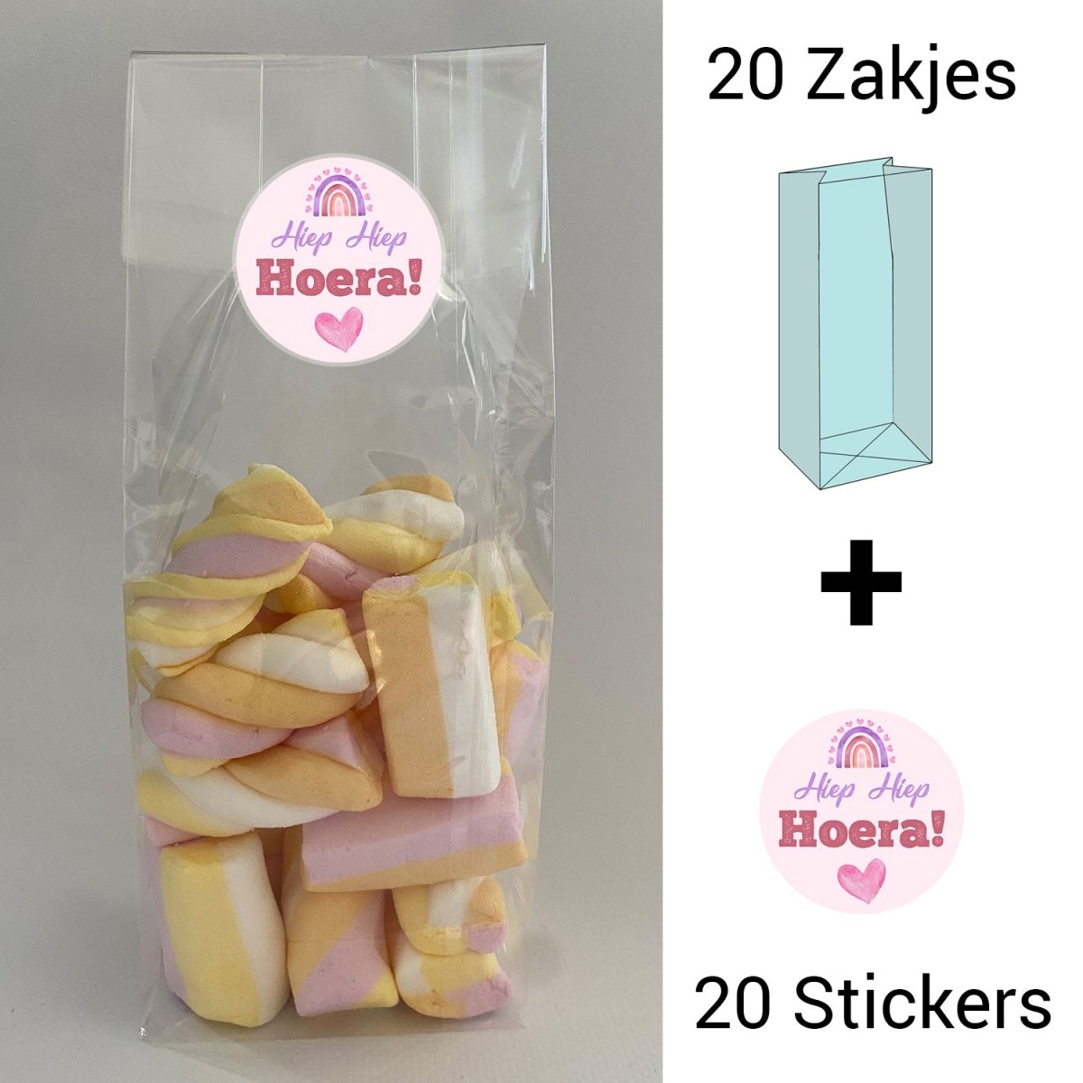 Uitdeelzakjes + sluitstickers - 40 pack (20 stickers & 20 zakjes) - snoepzakjes - Roze regenboog - Koning Spandoek Uitdeelzakjes + sluitstickers - 40 pack (20 stickers & 20 zakjes) - snoepzakjes - Roze regenboog