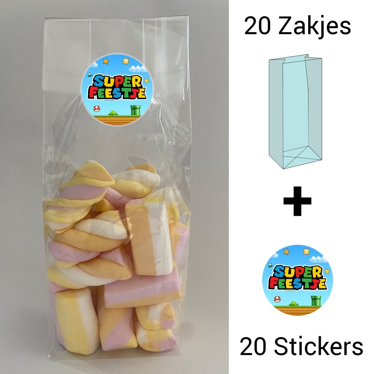 Uitdeelzakjes + sluitstickers - 40 pack (20 stickers & 20 zakjes) - snoepzakjes - Super Feestje - Koning Spandoek Uitdeelzakjes + sluitstickers - 40 pack (20 stickers & 20 zakjes) - snoepzakjes - Super Feestje