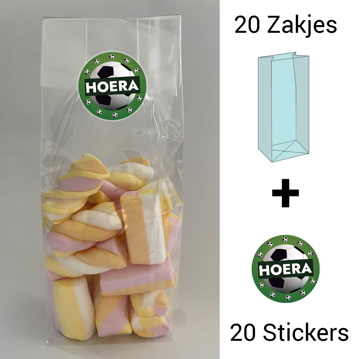 Uitdeelzakjes + sluitstickers - 40 pack (20 stickers & 20 zakjes) - snoepzakjes - Voetbal - Koning Spandoek Uitdeelzakjes + sluitstickers - 40 pack (20 stickers & 20 zakjes) - snoepzakjes - Voetbal