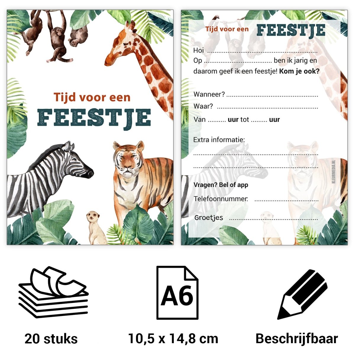 Uitnodiging kinderfeestje - 20 stuks - Dieren - Koning Spandoek Uitnodiging kinderfeestje - 20 stuks - Dieren