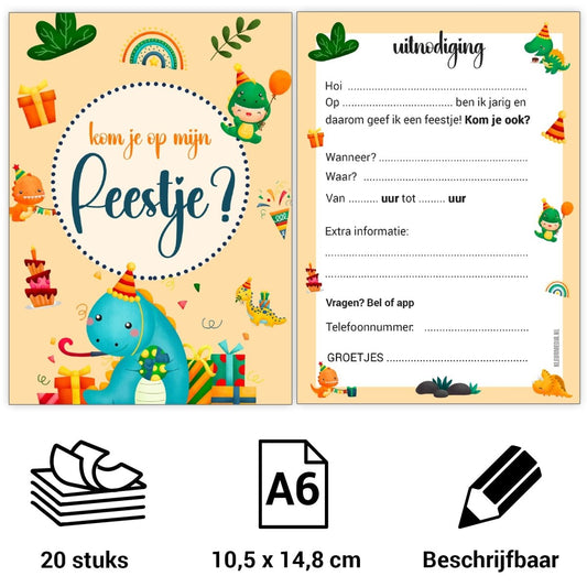 Uitnodiging kinderfeestje - 20 stuks - Dino - Koning Spandoek Kopie van Uitnodiging kinderfeestje - 20 stuks - Dino