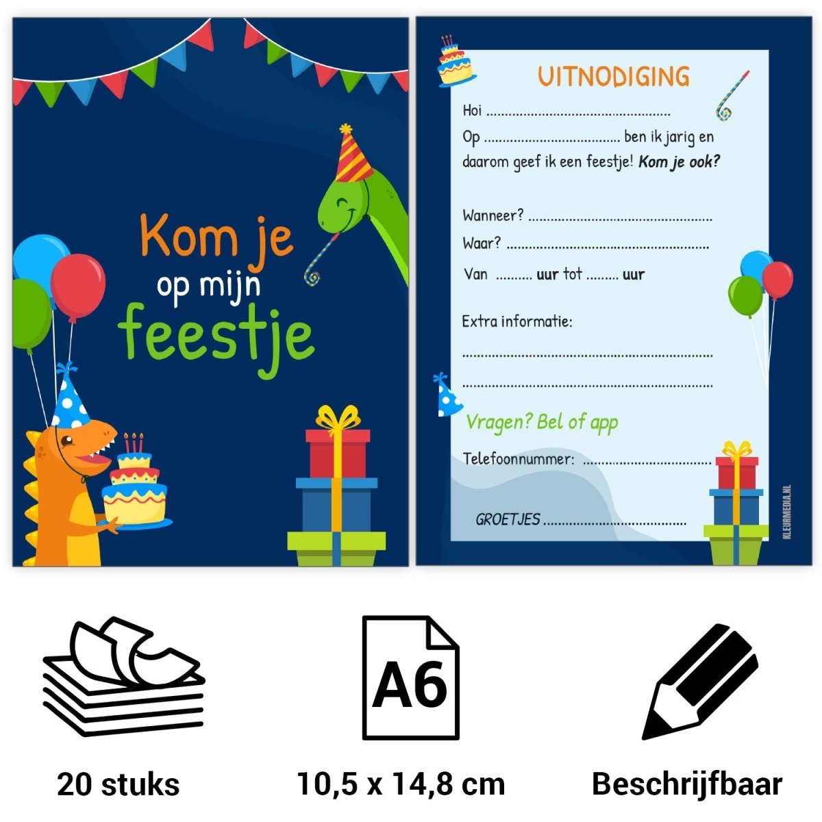 Uitnodiging kinderfeestje - 20 stuks - Dino - Koning Spandoek Uitnodiging kinderfeestje - 20 stuks - Dino