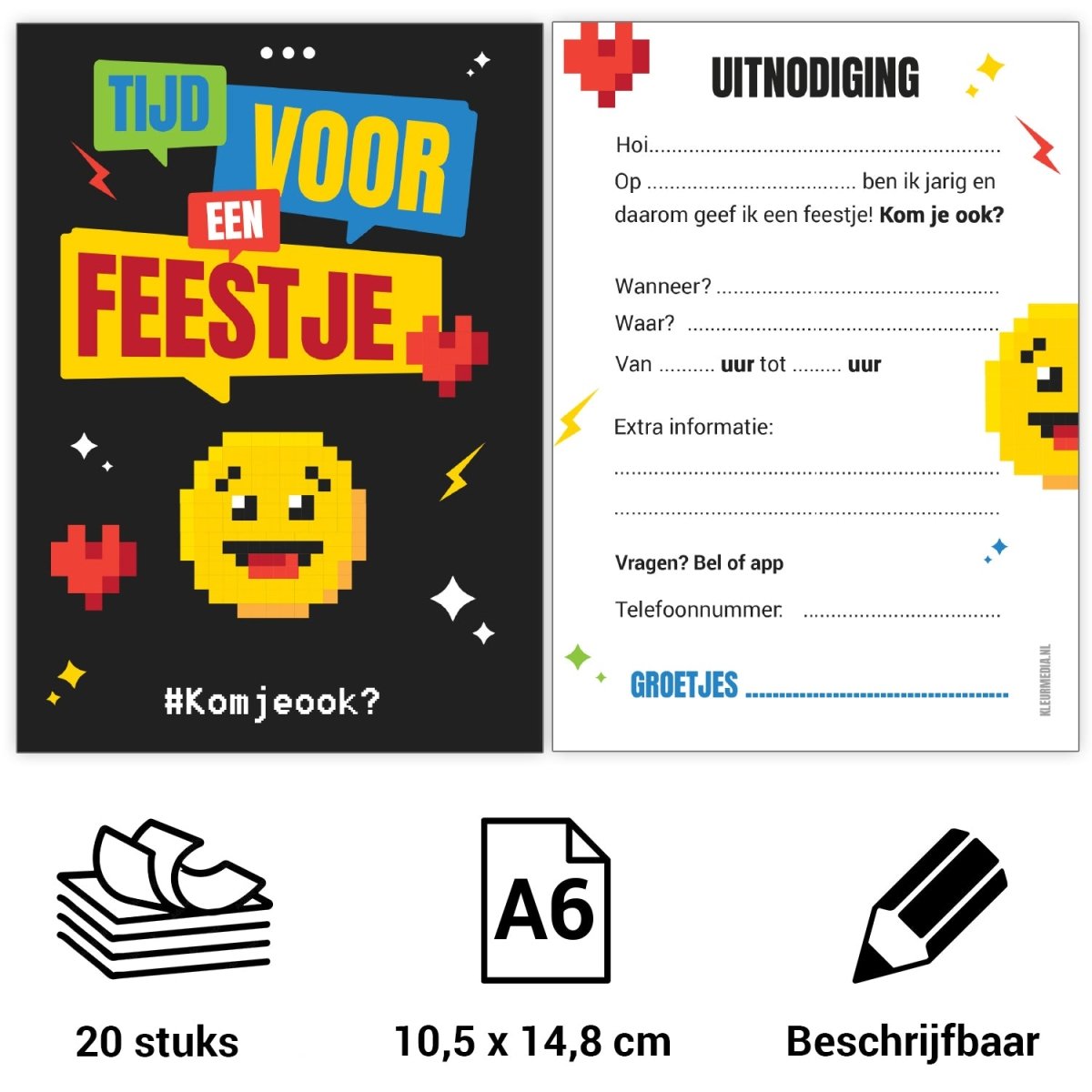 Uitnodiging kinderfeestje - 20 stuks - Emoji - Koning Spandoek Uitnodiging kinderfeestje - 20 stuks - Emoji