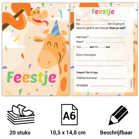 Uitnodiging kinderfeestje - 20 stuks - Giraf en Slang - Koning Spandoek Uitnodiging kinderfeestje - 20 stuks - Giraf en Slang