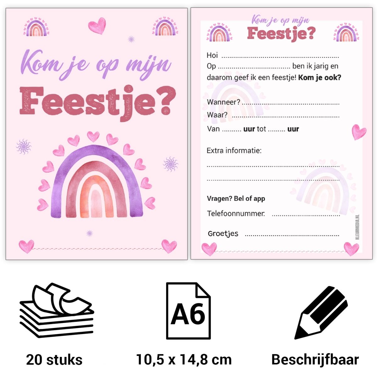 Uitnodiging kinderfeestje - 20 stuks - Regenboog roze - Koning Spandoek Uitnodiging kinderfeestje - 20 stuks - Regenboog roze